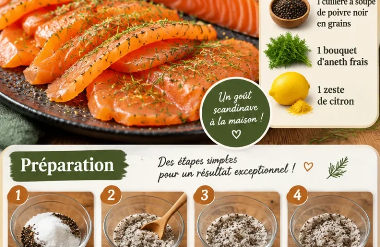Saumon gravlax maison préparé avec des épices et de l'aneth.