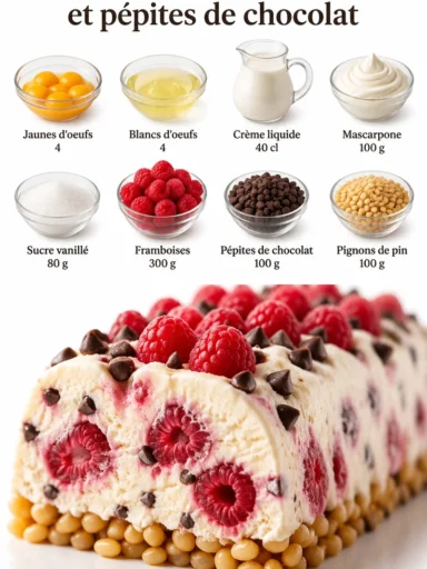Semifreddo aux framboises et pépites de chocolat, délicieux dessert glacé