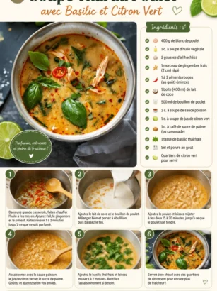 Soupe Thaï au Poulet avec Basilic et Citron Vert dans un bol.