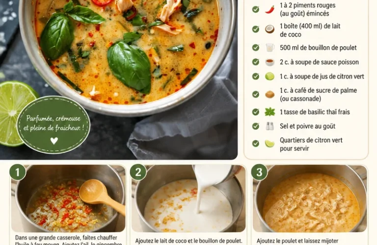 Soupe Thaï au Poulet avec Basilic et Citron Vert dans un bol.