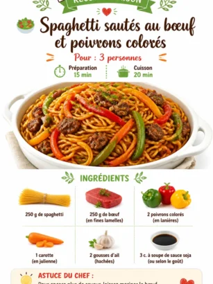 Spaghetti sautéés au bœuf et poivrons colorés dans un plat délicieux