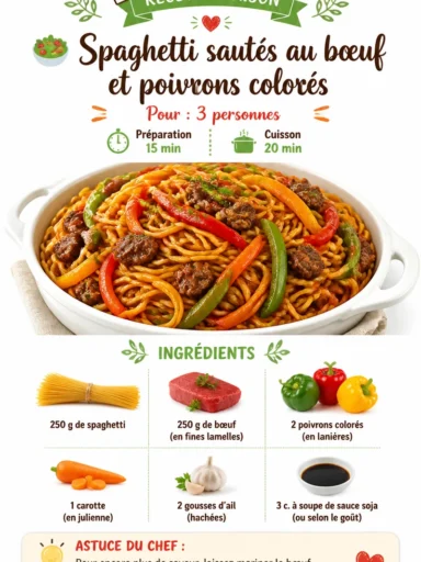 Spaghetti sautéés au bœuf et poivrons colorés dans un plat délicieux