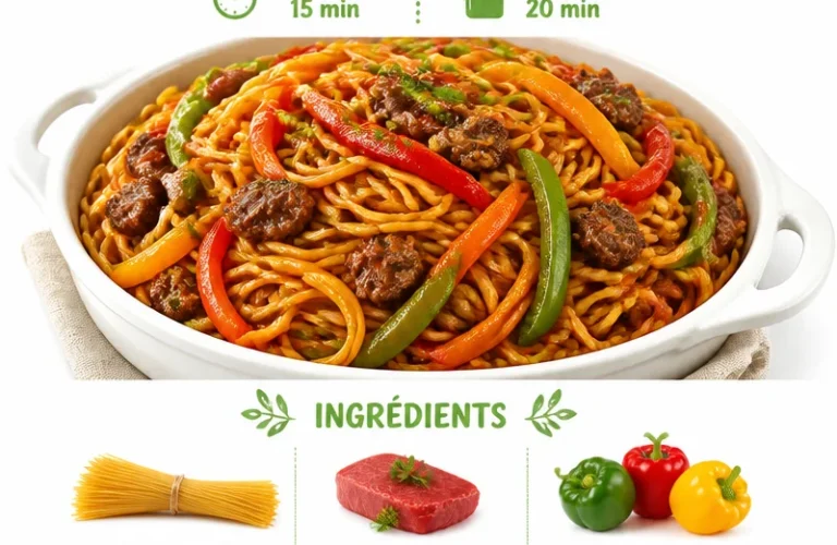 Spaghetti sautéés au bœuf et poivrons colorés dans un plat délicieux