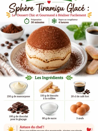 Sphère Tiramisu Glacé, un dessert chic et gourmand, parfait pour vos occasions spéciales.