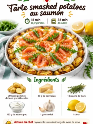 Tarte de pommes de terre écrasées au saumon, un plat savoureux et réconfortant.