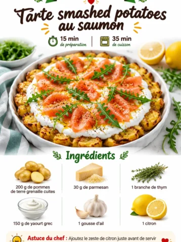 Tarte de pommes de terre écrasées au saumon, un plat savoureux et réconfortant.