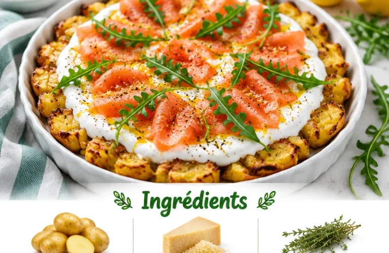 Tarte de pommes de terre écrasées au saumon, un plat savoureux et réconfortant.