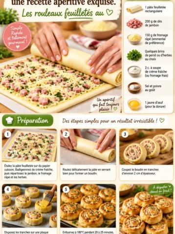 Rouleaux de pâte feuilletée au jambon et fromage, une délicieuse entrée.