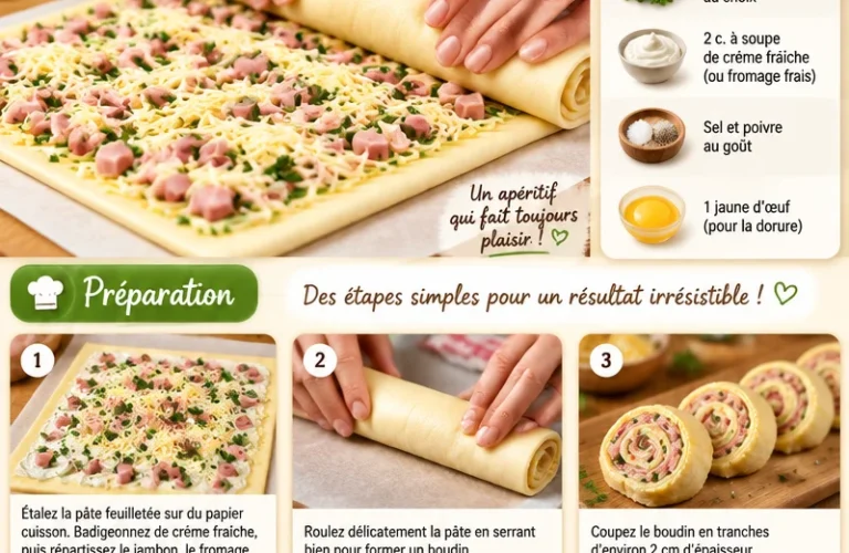 Rouleaux de pâte feuilletée au jambon et fromage, une délicieuse entrée.