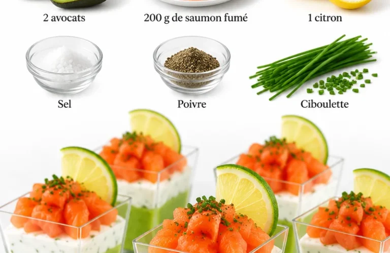 Verrines avocat, crème de fromage aux herbes et saumon fumé pour 12 personnes