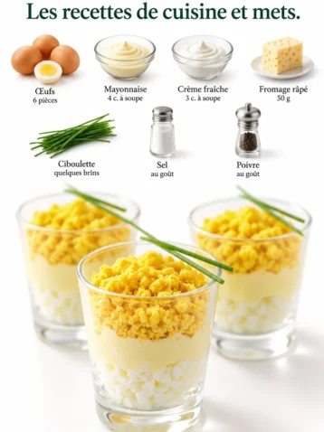 Verrines d'œuf mimosa prêtes à être dégustées, garnies d'ingrédients frais.