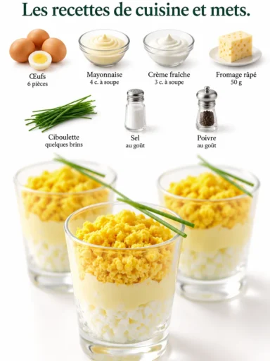 Verrines d'œuf mimosa prêtes à être dégustées, garnies d'ingrédients frais.