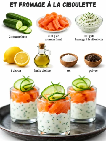 Verrines saumon accompagnées de concombre et fromage à la ciboulette
