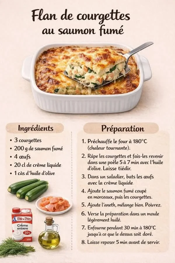 Flan de courgettes au saumon fumé | Flan de courgettes et fromage blanc, recette courgettes et saumon fumé, recette de dessert.